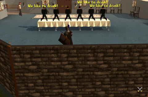 Six drunken men dance on the Party Room table