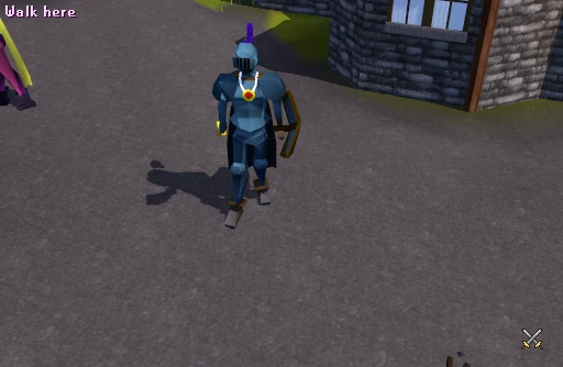 A player in full rune armour in Varrock square