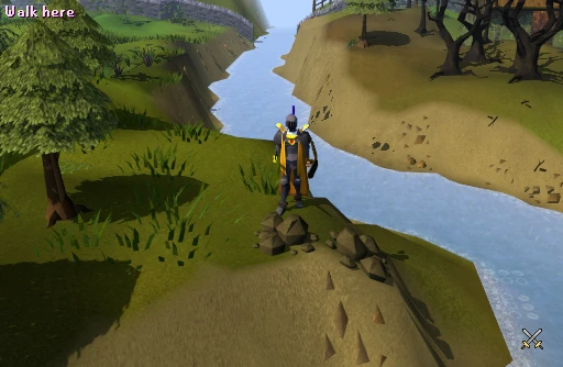 A player by the river at Barbarian Village, where you catch trout and salmon