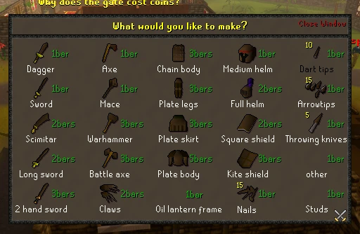 The smithing menu at a Varrock anvil